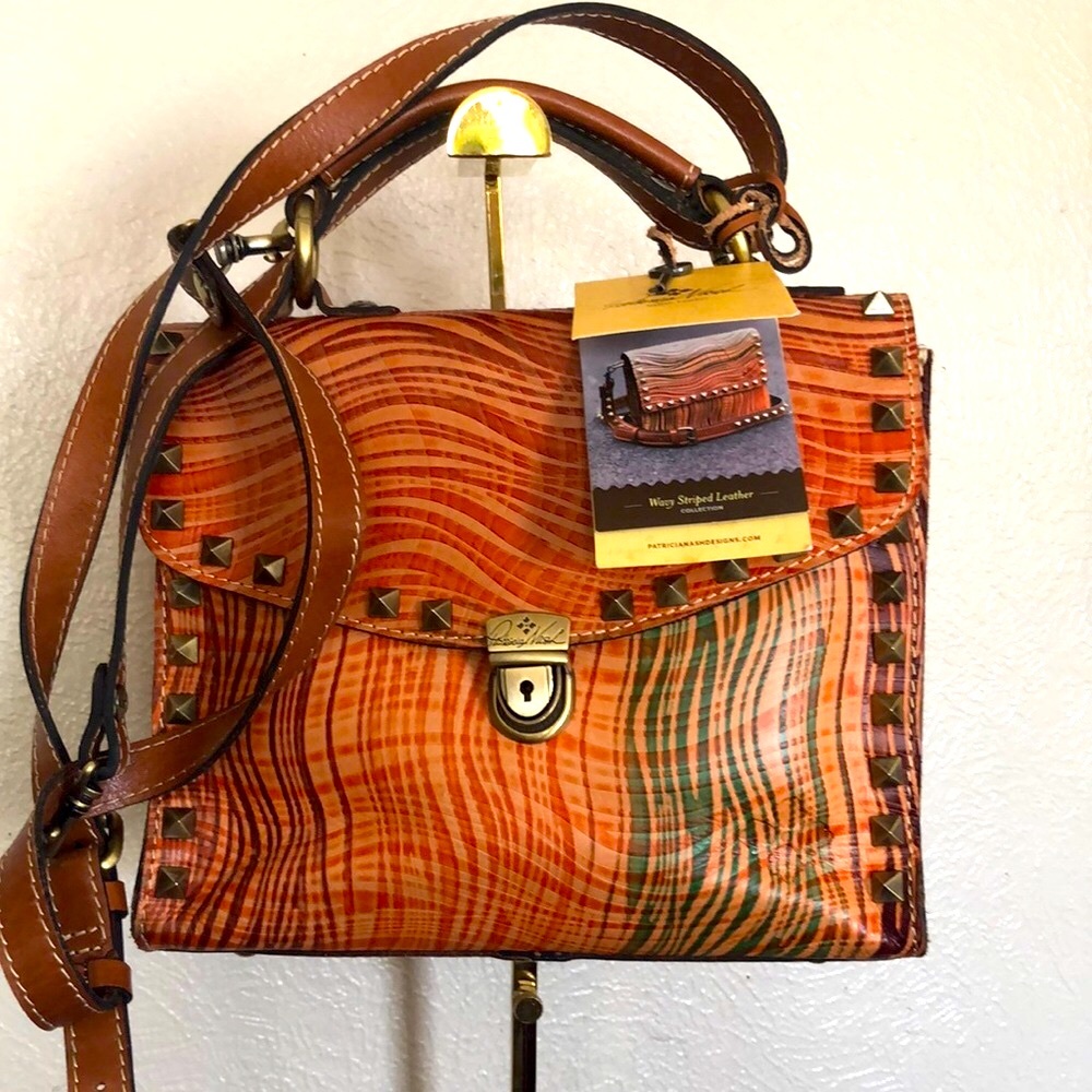 Patricia Nash Orange and Green Satchel with Artistic Wave Design